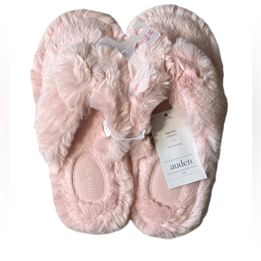 Auden Pink Fuzzy Faux Fur House Slippers Size 7/8 NWT